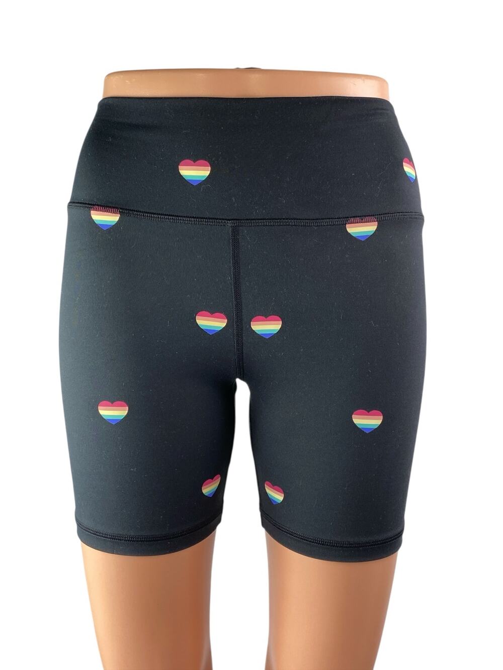 Spritual Gangster Black Rainbow Hearts High Rise Yoga Athletic Biker Shorts Sz S